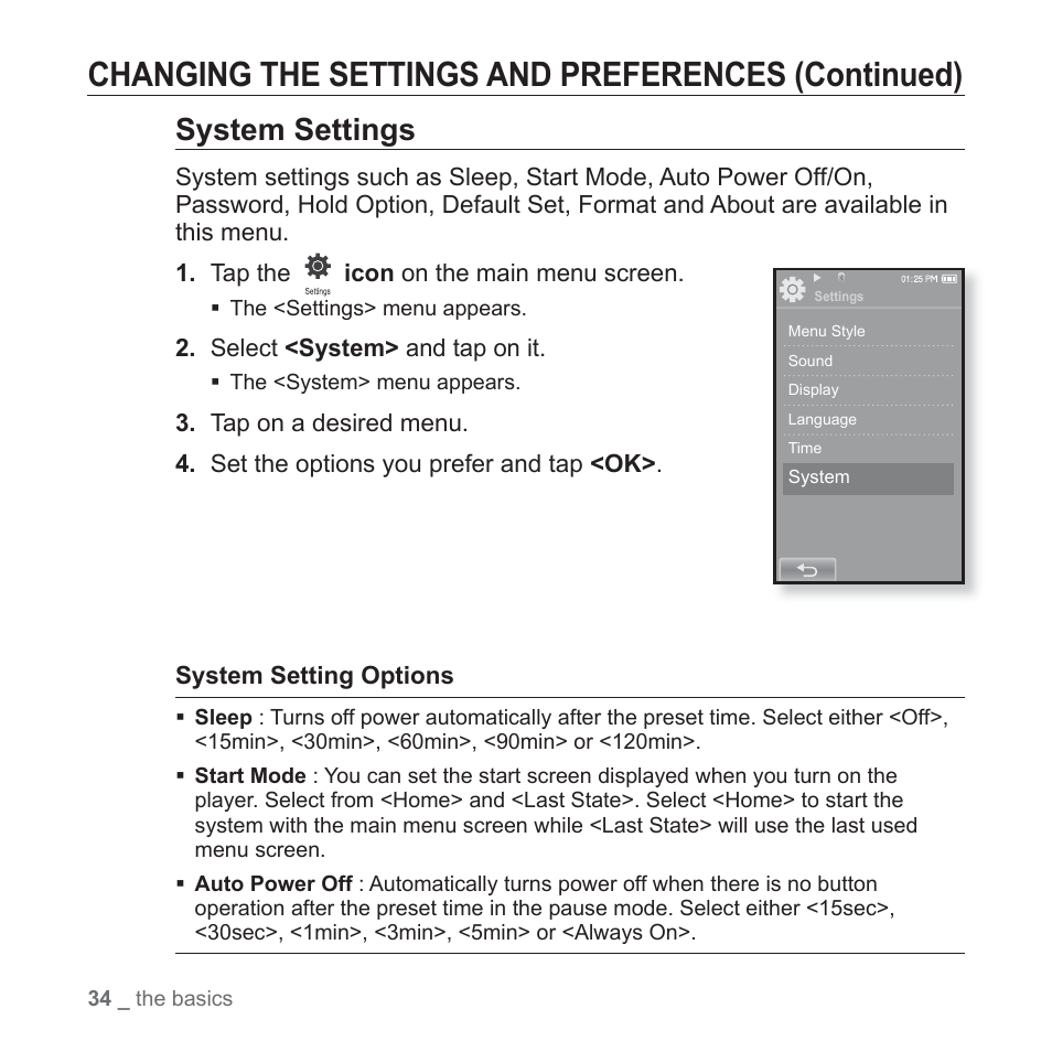 Changing the settings and preferences (continued), System settings | Samsung YP-P2JCB-XAA User Manual | Page 34 / 138