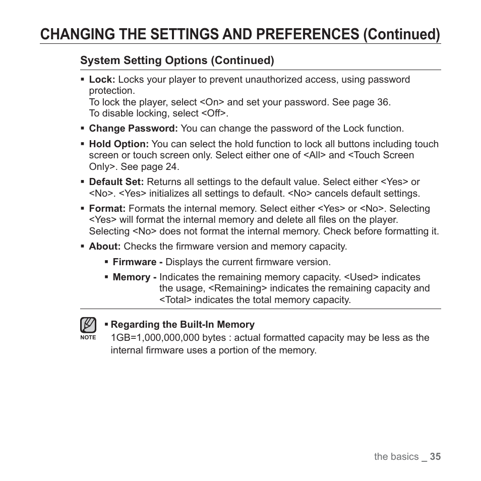 Changing the settings and preferences (continued) | Samsung YP-P2JCB-XAA User Manual | Page 35 / 138