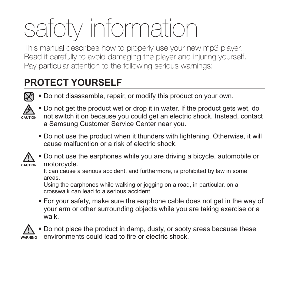 Safety information, Protect yourself | Samsung YP-P2JCB-XAA User Manual | Page 4 / 138