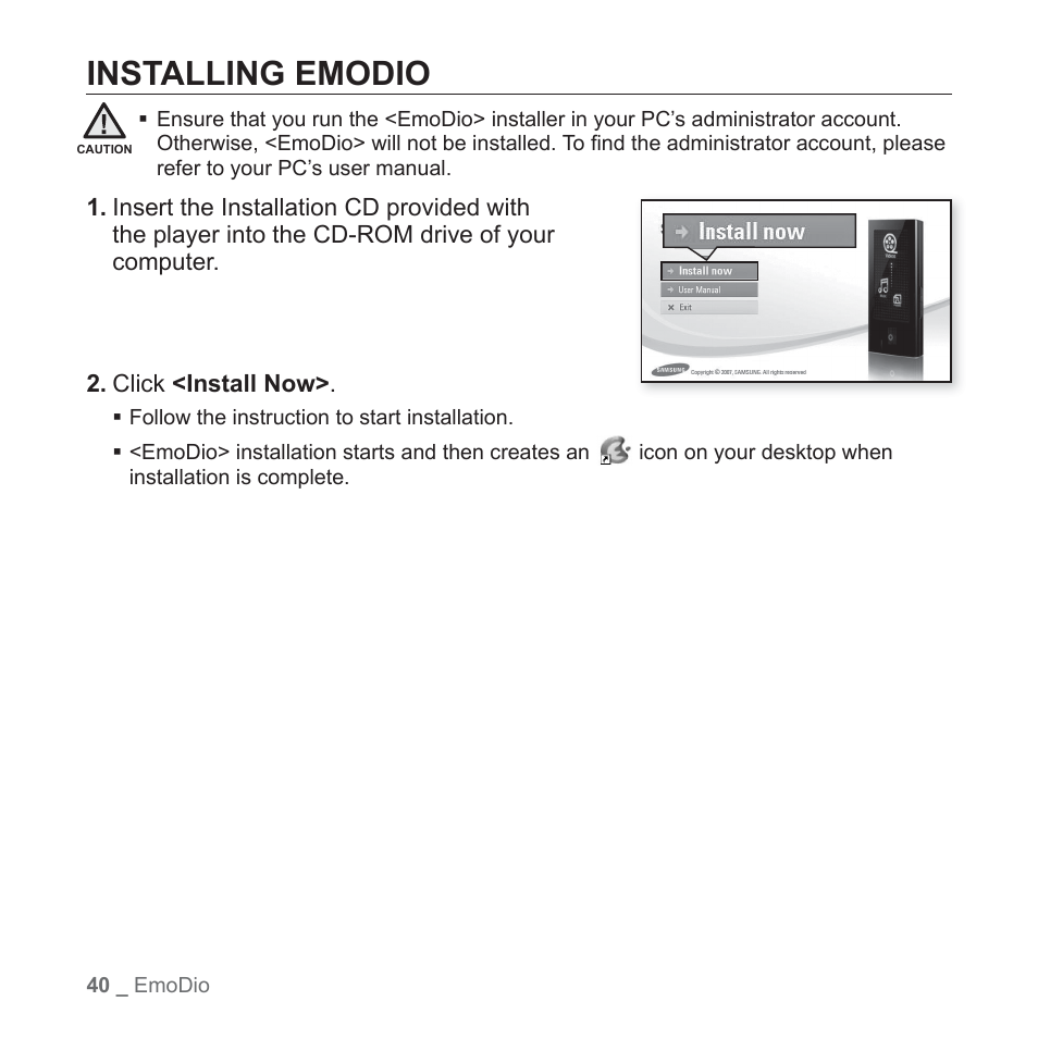 Installing emodio | Samsung YP-P2JCB-XAA User Manual | Page 40 / 138