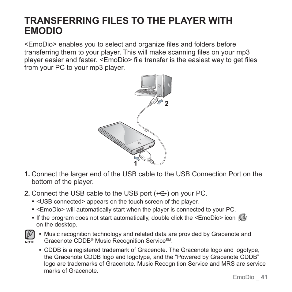 Transferring files to the player withemodio, Transferring files to the player with emodio | Samsung YP-P2JCB-XAA User Manual | Page 41 / 138
