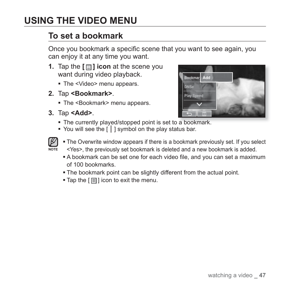 Using the video menu | Samsung YP-P2JCB-XAA User Manual | Page 47 / 138