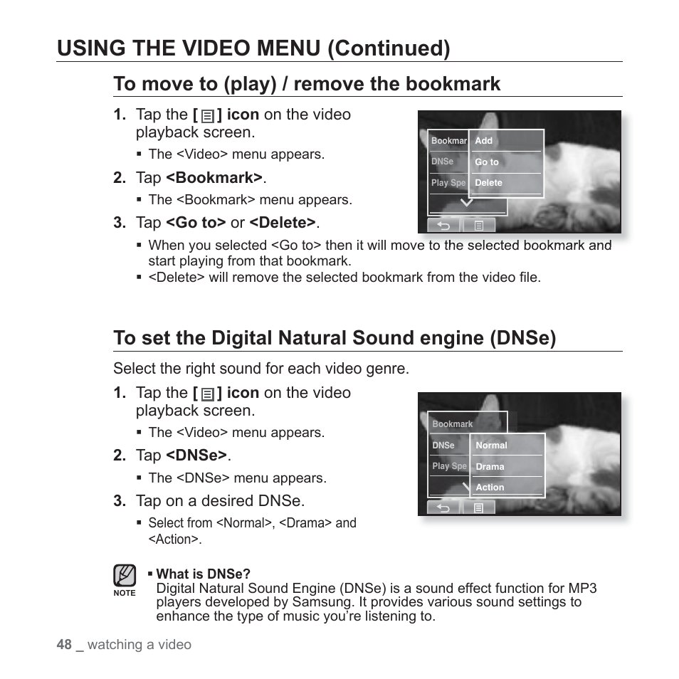 Using the video menu (continued) | Samsung YP-P2JCB-XAA User Manual | Page 48 / 138