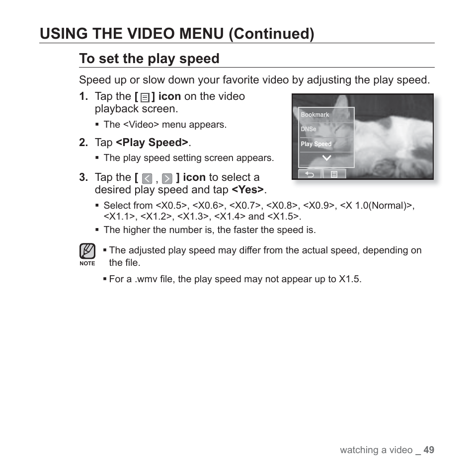 Using the video menu (continued) | Samsung YP-P2JCB-XAA User Manual | Page 49 / 138