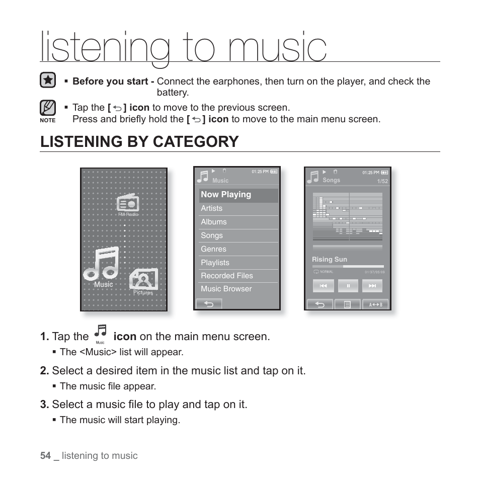 Listening to music, Listening by category | Samsung YP-P2JCB-XAA User Manual | Page 54 / 138
