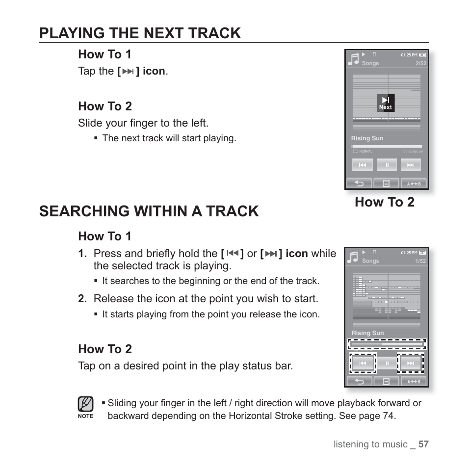 Playing the next track, Searching within a track, How to 1 | How to 2 | Samsung YP-P2JCB-XAA User Manual | Page 57 / 138