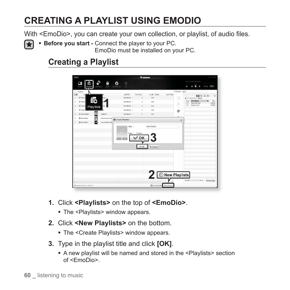 Creating a playlist using emodio, Creating a playlist | Samsung YP-P2JCB-XAA User Manual | Page 60 / 138