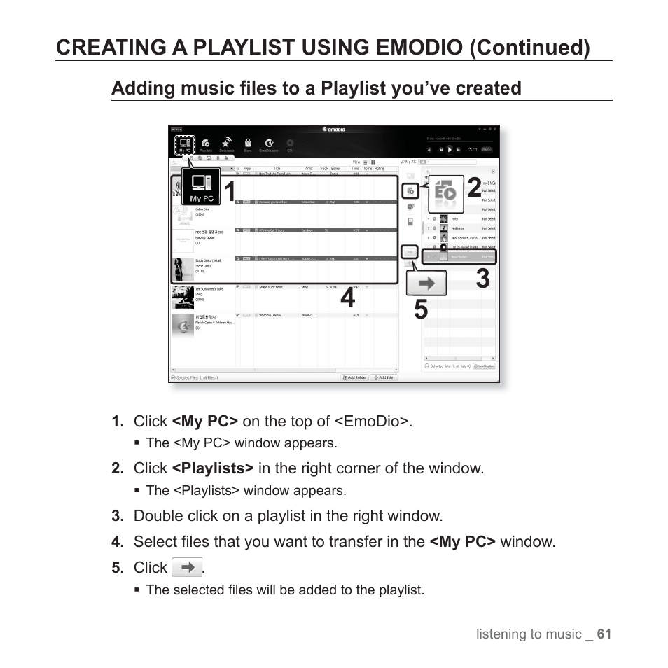 Adding music fi les to a playlist you’ve created, Creating a playlist using emodio (continued) | Samsung YP-P2JCB-XAA User Manual | Page 61 / 138