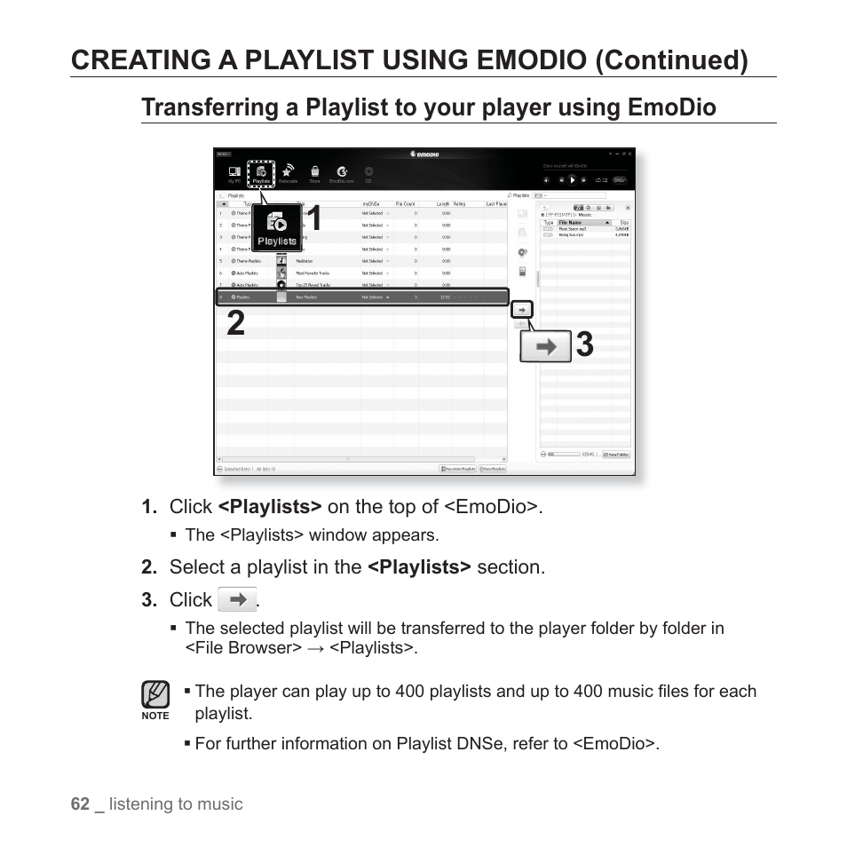 Creating a playlist using emodio (continued) | Samsung YP-P2JCB-XAA User Manual | Page 62 / 138