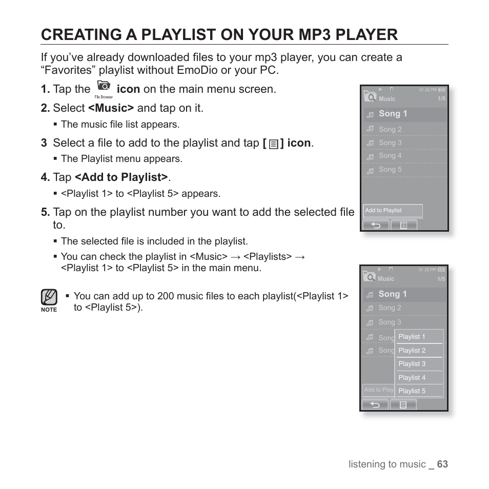 Creating a playlist on your mp3 player, Tap <add to playlist | Samsung YP-P2JCB-XAA User Manual | Page 63 / 138