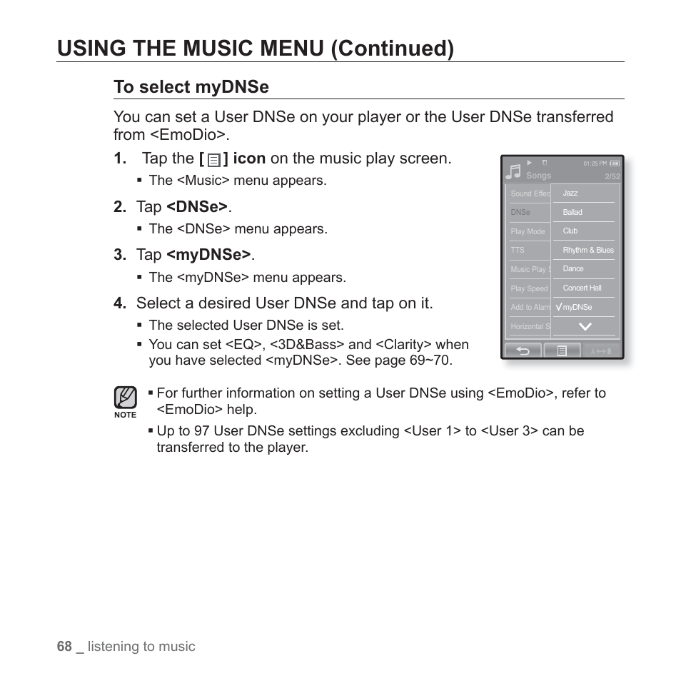 Using the music menu (continued), Tap <dnse, Tap <mydnse | Select a desired user dnse and tap on it | Samsung YP-P2JCB-XAA User Manual | Page 68 / 138