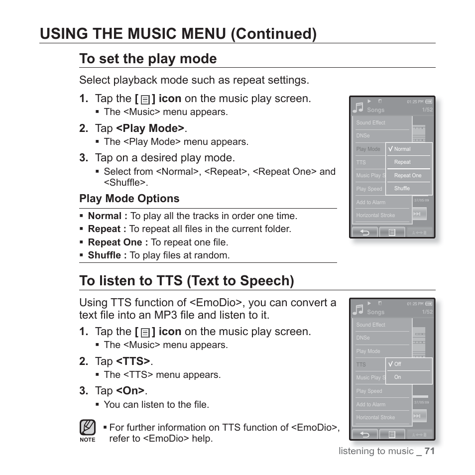 Using the music menu (continued), Tap <play mode, Tap on a desired play mode | Play mode options, Tap <tts, Tap <on | Samsung YP-P2JCB-XAA User Manual | Page 71 / 138