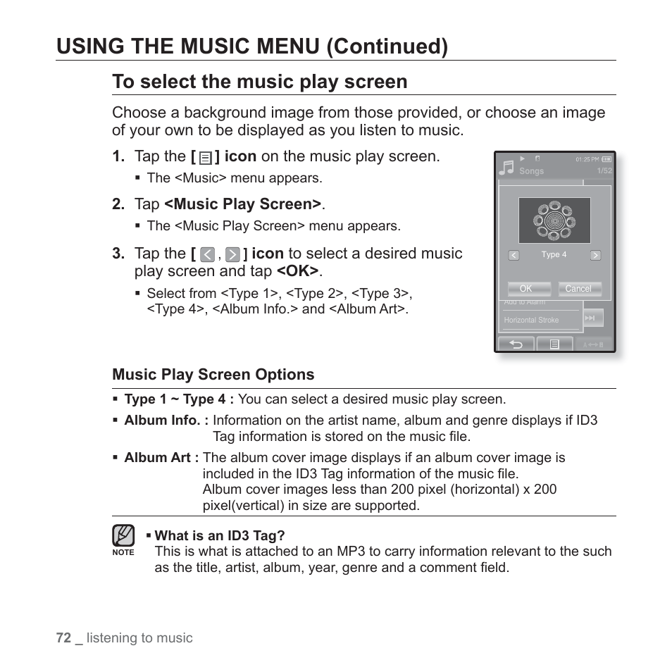 Using the music menu (continued), Tap <music play screen, Tap the | Music play screen options | Samsung YP-P2JCB-XAA User Manual | Page 72 / 138