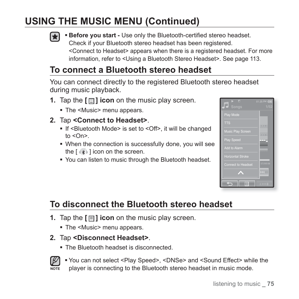 Using the music menu (continued) | Samsung YP-P2JCB-XAA User Manual | Page 75 / 138