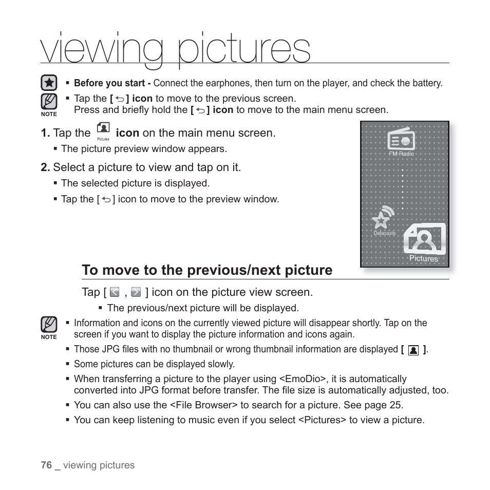 Viewing pictures | Samsung YP-P2JCB-XAA User Manual | Page 76 / 138