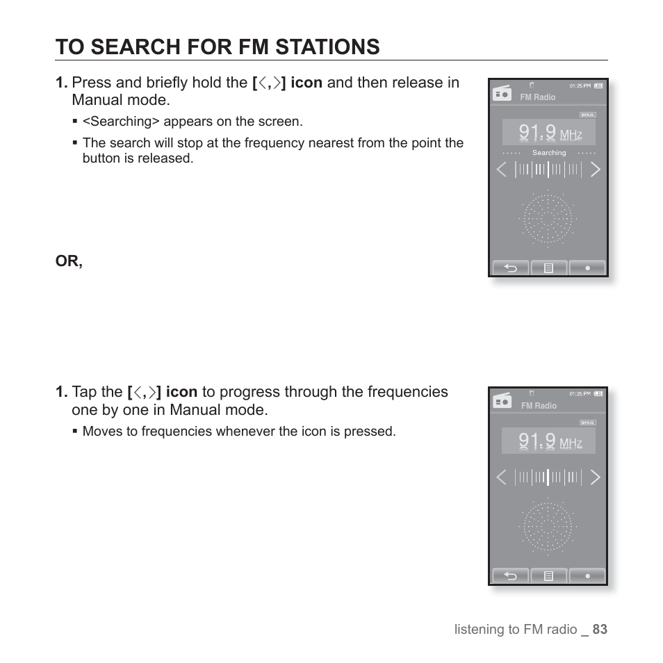 To search for fm stations | Samsung YP-P2JCB-XAA User Manual | Page 83 / 138
