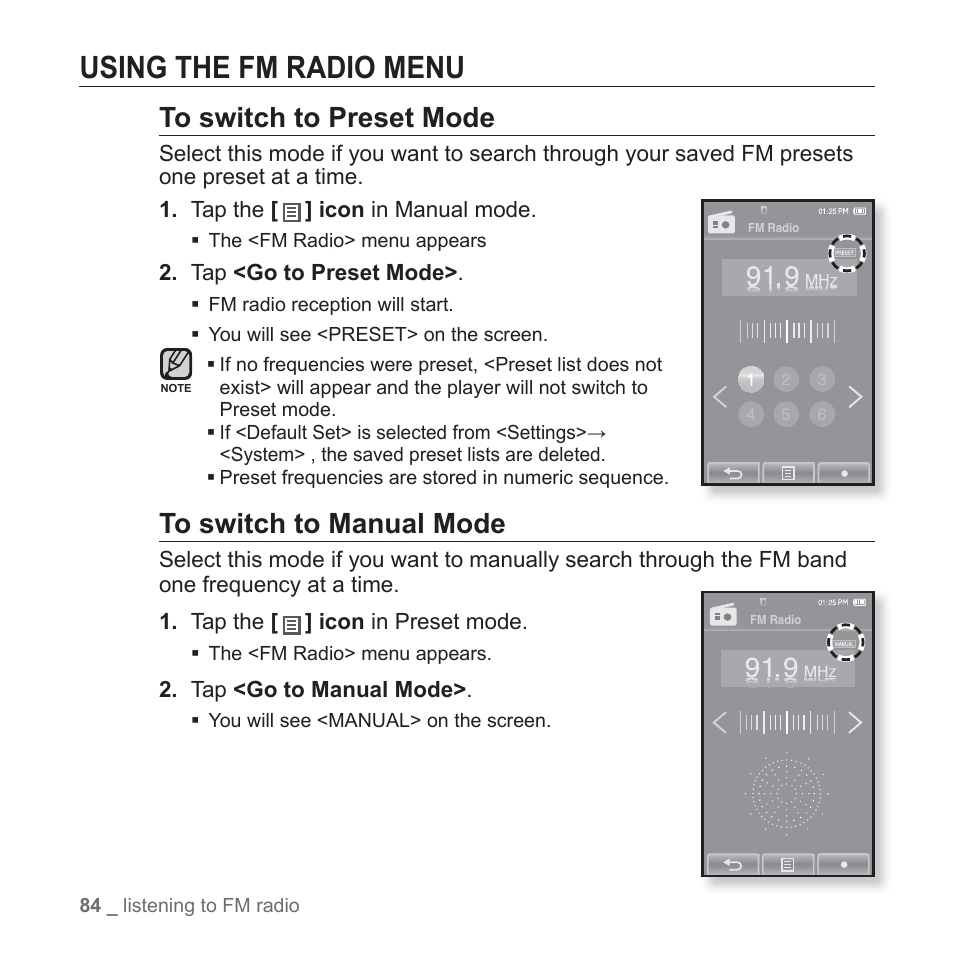 Using the fm radio menu | Samsung YP-P2JCB-XAA User Manual | Page 84 / 138