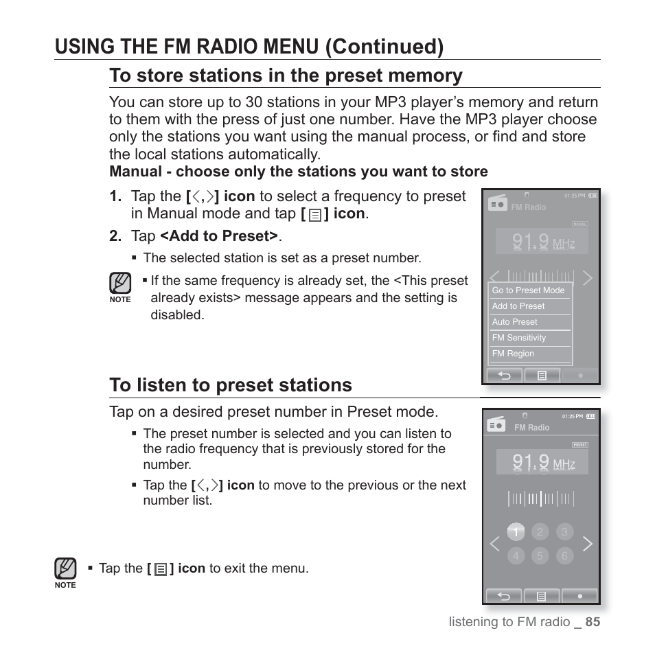 Using the fm radio menu (continued) | Samsung YP-P2JCB-XAA User Manual | Page 85 / 138
