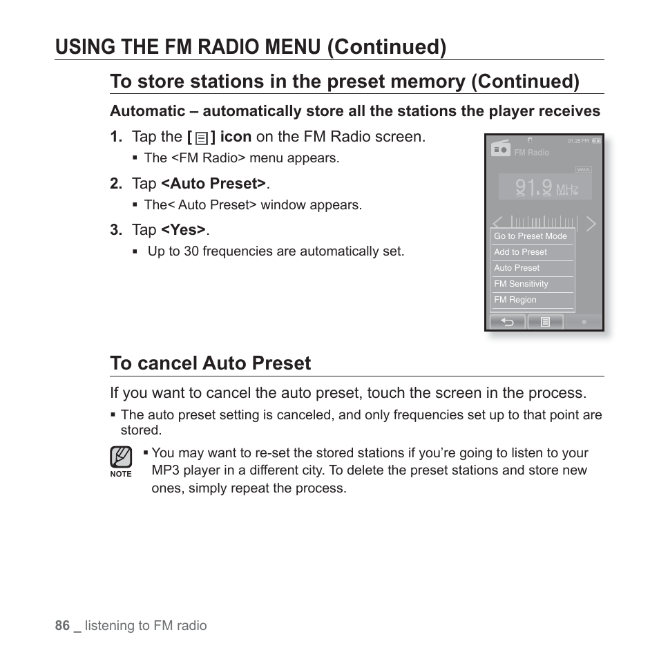 Using the fm radio menu (continued) | Samsung YP-P2JCB-XAA User Manual | Page 86 / 138