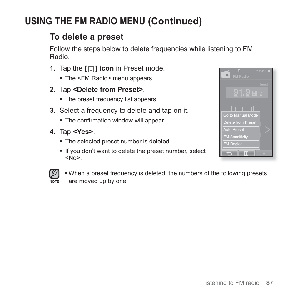 Using the fm radio menu (continued) | Samsung YP-P2JCB-XAA User Manual | Page 87 / 138