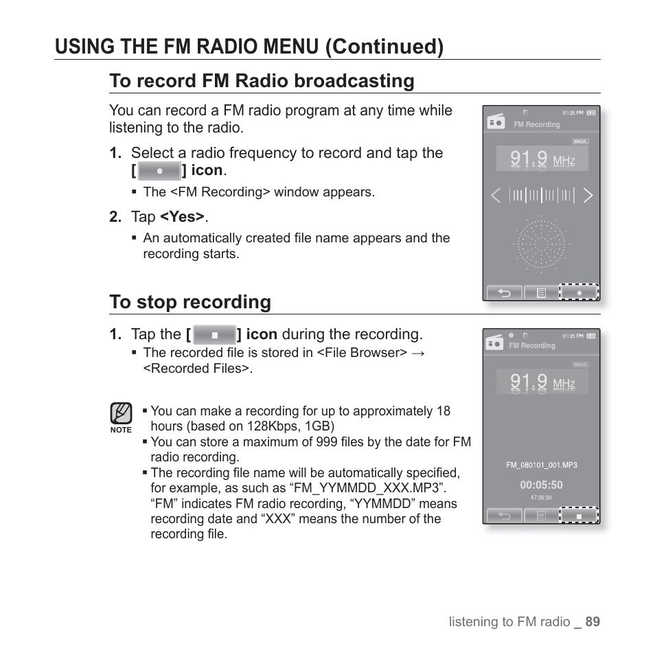 Using the fm radio menu (continued) | Samsung YP-P2JCB-XAA User Manual | Page 89 / 138