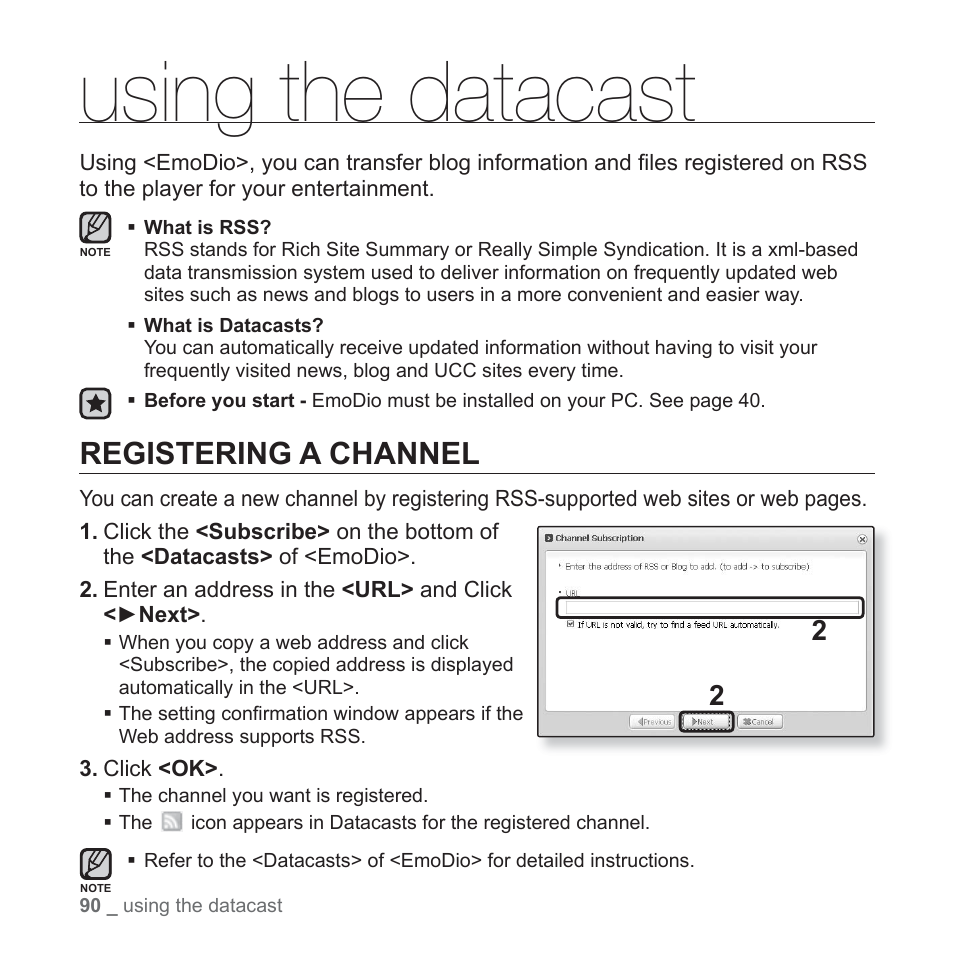 Using the datacast, Registering a channel | Samsung YP-P2JCB-XAA User Manual | Page 90 / 138