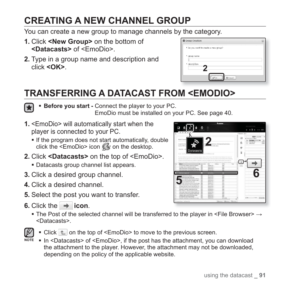 Creating a new channel group, Transferring a datacast from <emodio | Samsung YP-P2JCB-XAA User Manual | Page 91 / 138