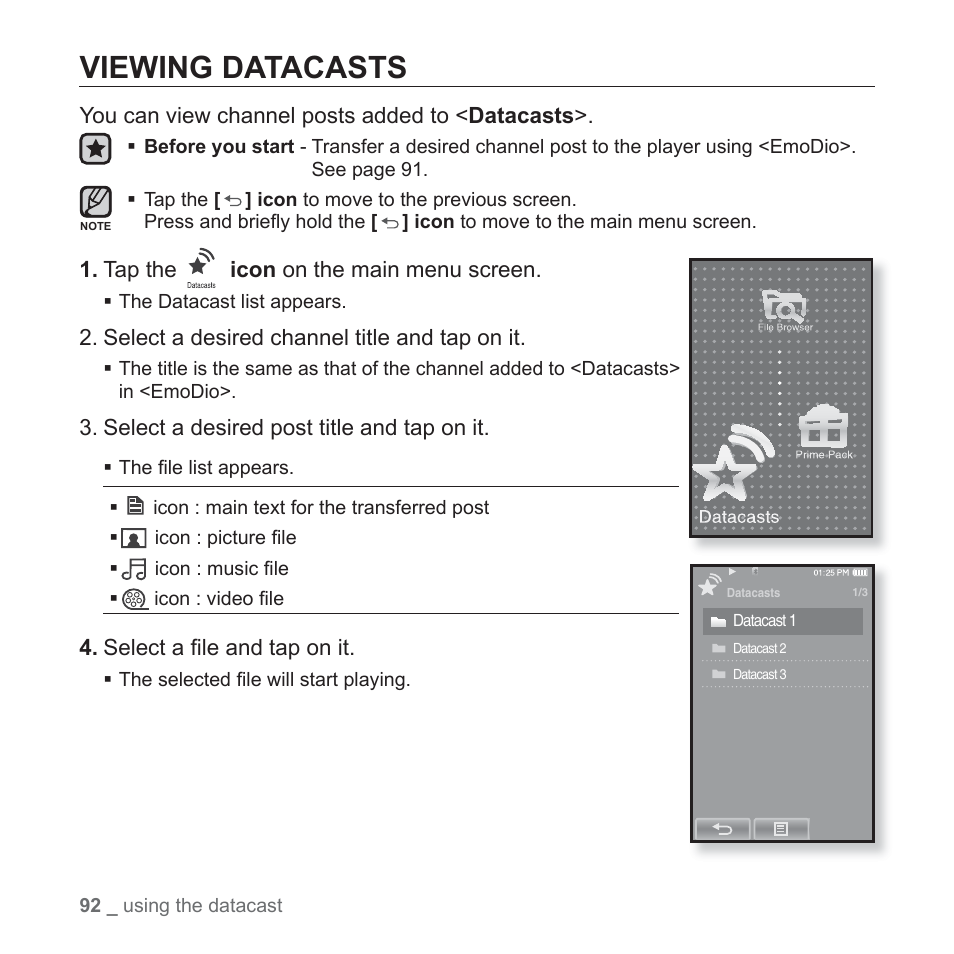 Viewing datacasts | Samsung YP-P2JCB-XAA User Manual | Page 92 / 138