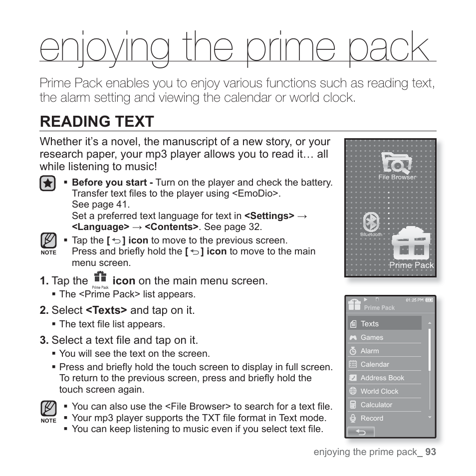 Enjoying the prime pack, Reading text | Samsung YP-P2JCB-XAA User Manual | Page 93 / 138