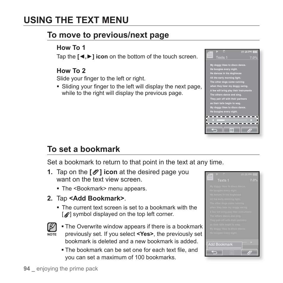 Using the text menu | Samsung YP-P2JCB-XAA User Manual | Page 94 / 138