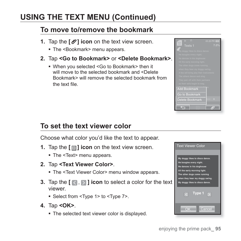 Using the text menu (continued), Tap the [ ] icon on the text view screen, Tap <go to bookmark> or <delete bookmark | Tap <text viewer color, Tap the, Icon to select a color for the text viewer, Tap <ok | Samsung YP-P2JCB-XAA User Manual | Page 95 / 138