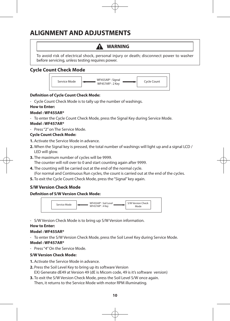 Alignment and adjustments, Cycle count check mode, Warning | Samsung WF457ARGSWR-AA User Manual | Page 10 / 84