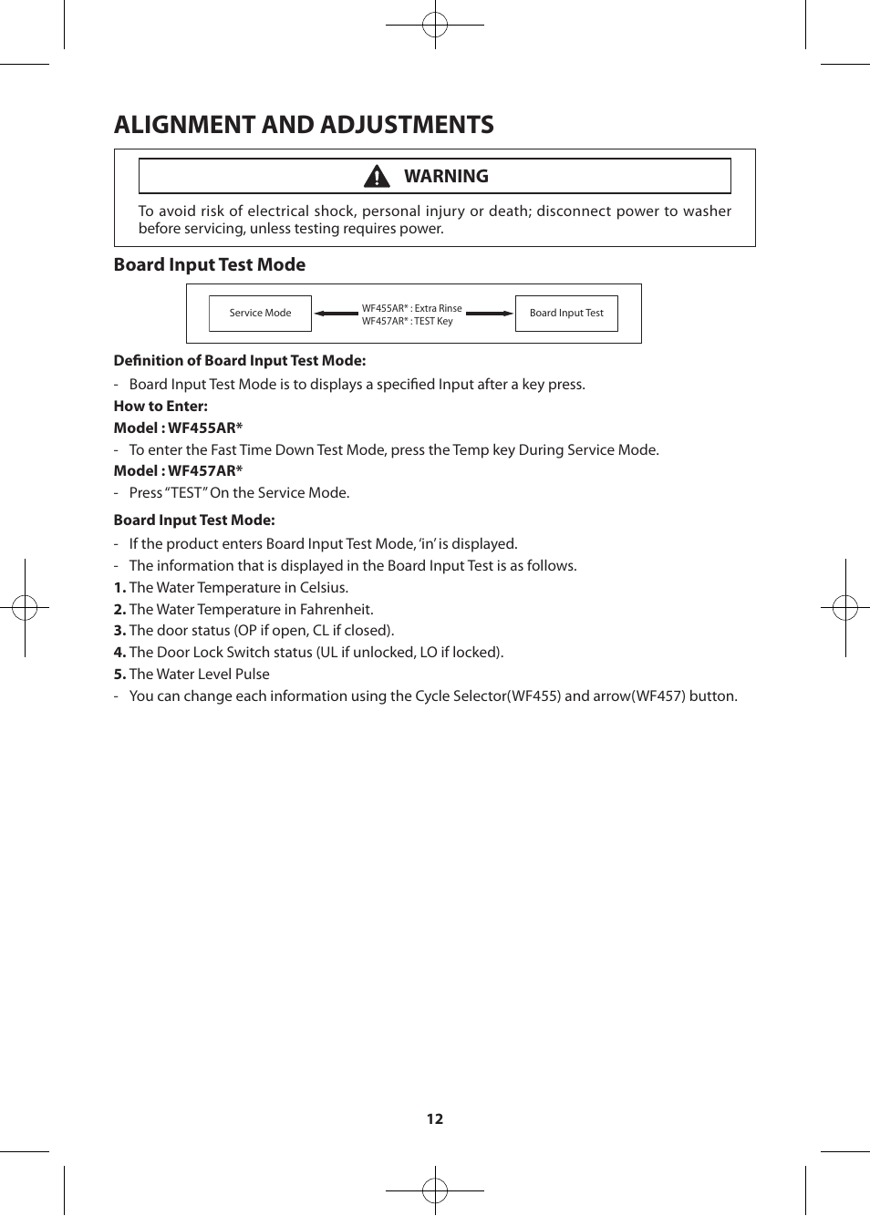 Alignment and adjustments, Board input test mode, Warning | Samsung WF457ARGSWR-AA User Manual | Page 12 / 84