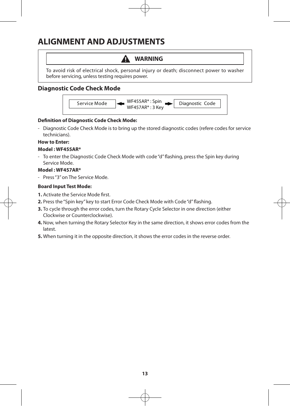 Alignment and adjustments, Diagnostic code check mode, Warning | Samsung WF457ARGSWR-AA User Manual | Page 13 / 84