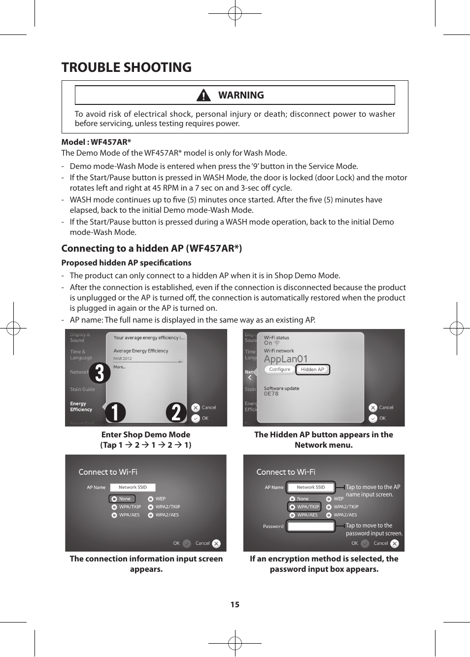 Trouble shooting, Connecting to a hidden ap (wf457ar*), Warning | Samsung WF457ARGSWR-AA User Manual | Page 15 / 84
