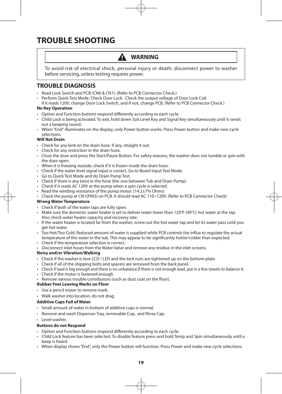 Trouble shooting, Trouble diagnosis, Warning | Samsung WF457ARGSWR-AA User Manual | Page 19 / 84