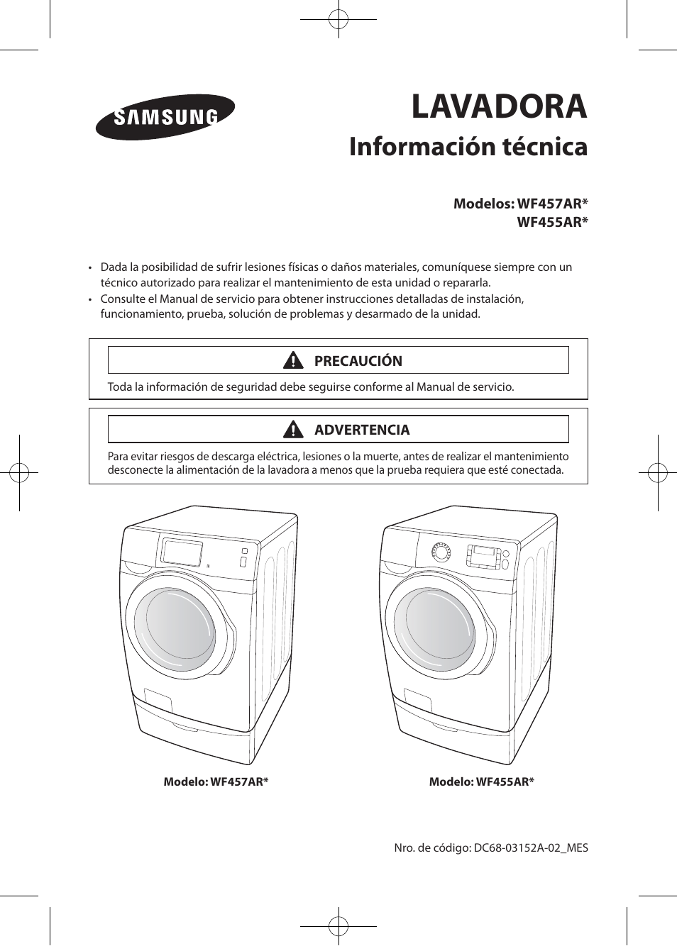 Techsheet)wf457ar-03152a-02_mes.pdf, Lavadora, Información técnica | Samsung WF457ARGSWR-AA User Manual | Page 29 / 84