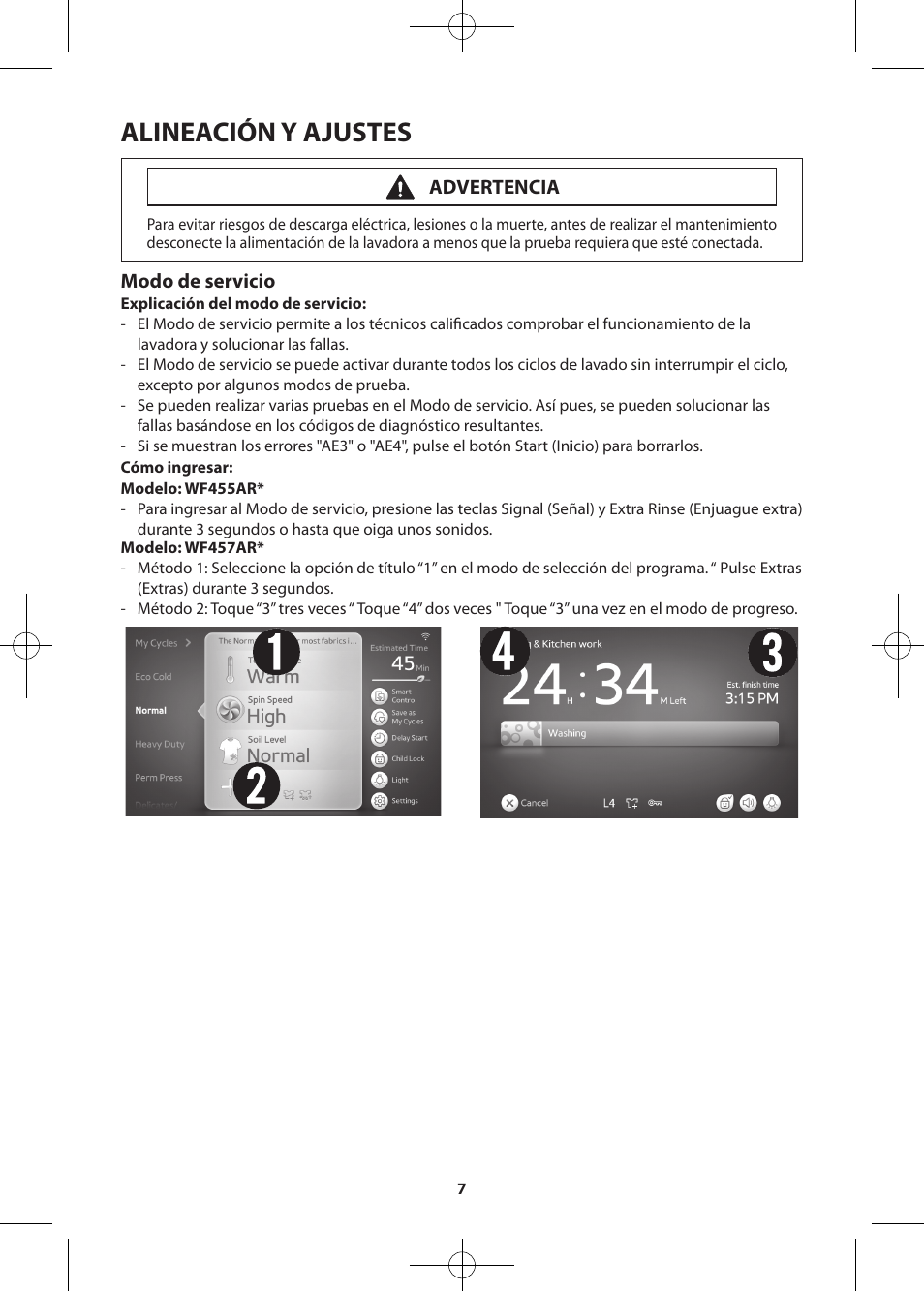 Alineación y ajustes, Modo de servicio, Advertencia | Samsung WF457ARGSWR-AA User Manual | Page 35 / 84