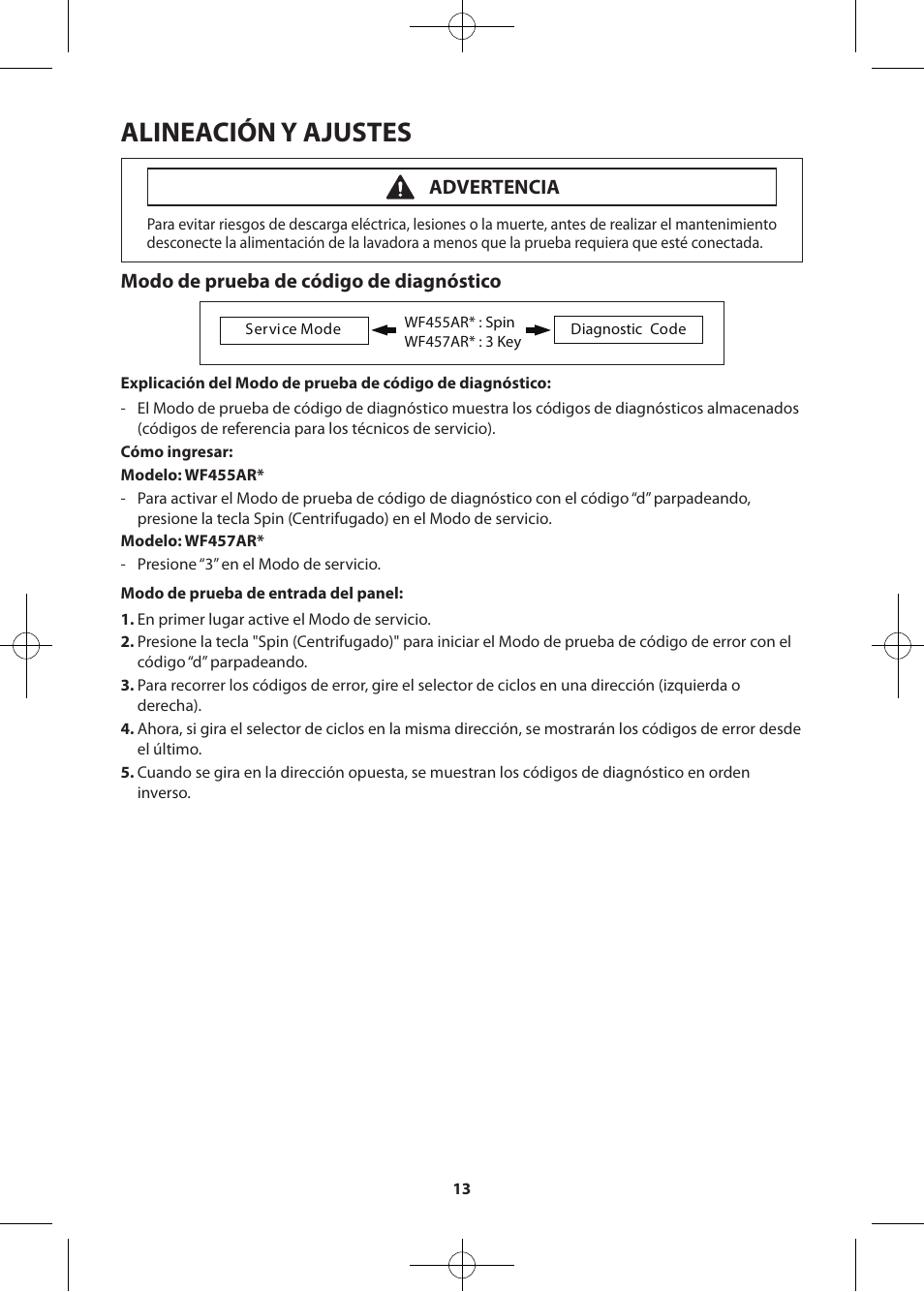 Alineación y ajustes, Modo de prueba de código de diagnóstico, Advertencia | Samsung WF457ARGSWR-AA User Manual | Page 41 / 84