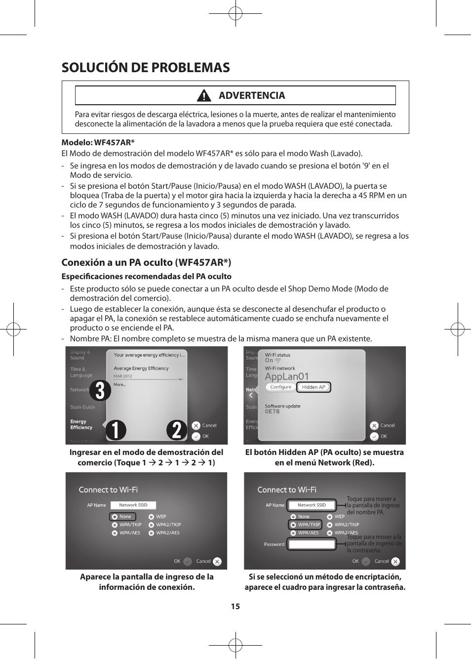 Solución de problemas, Conexión a un pa oculto (wf457ar*), Advertencia | Samsung WF457ARGSWR-AA User Manual | Page 43 / 84