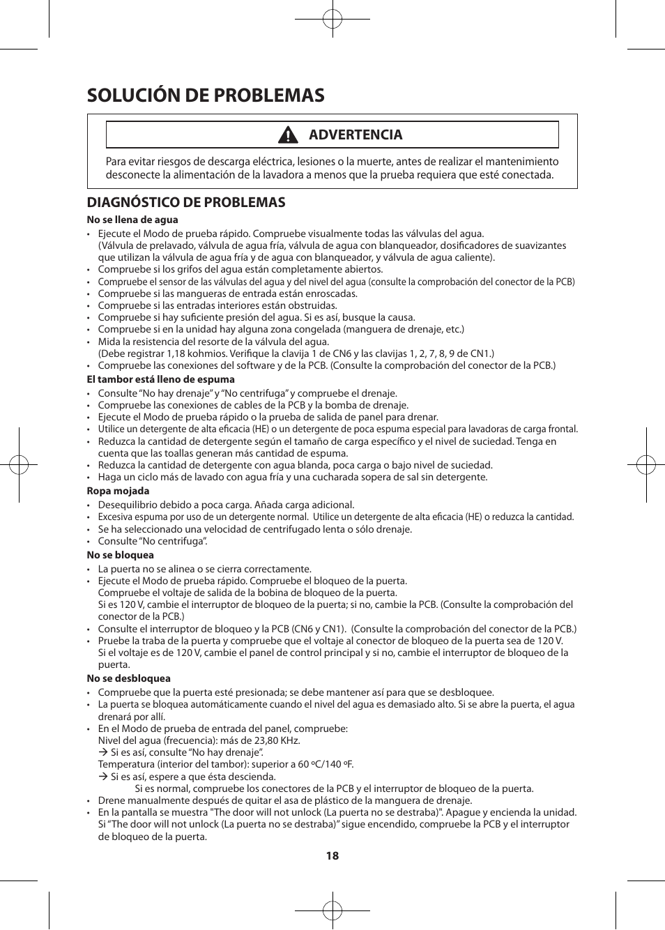 Solución de problemas, Diagnóstico de problemas, Advertencia | Samsung WF457ARGSWR-AA User Manual | Page 46 / 84