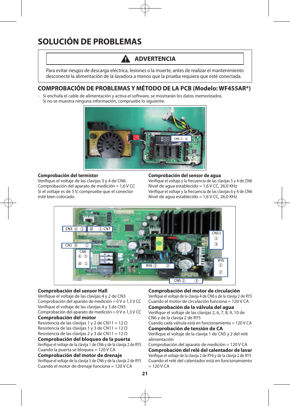 Solución de problemas, Advertencia | Samsung WF457ARGSWR-AA User Manual | Page 49 / 84