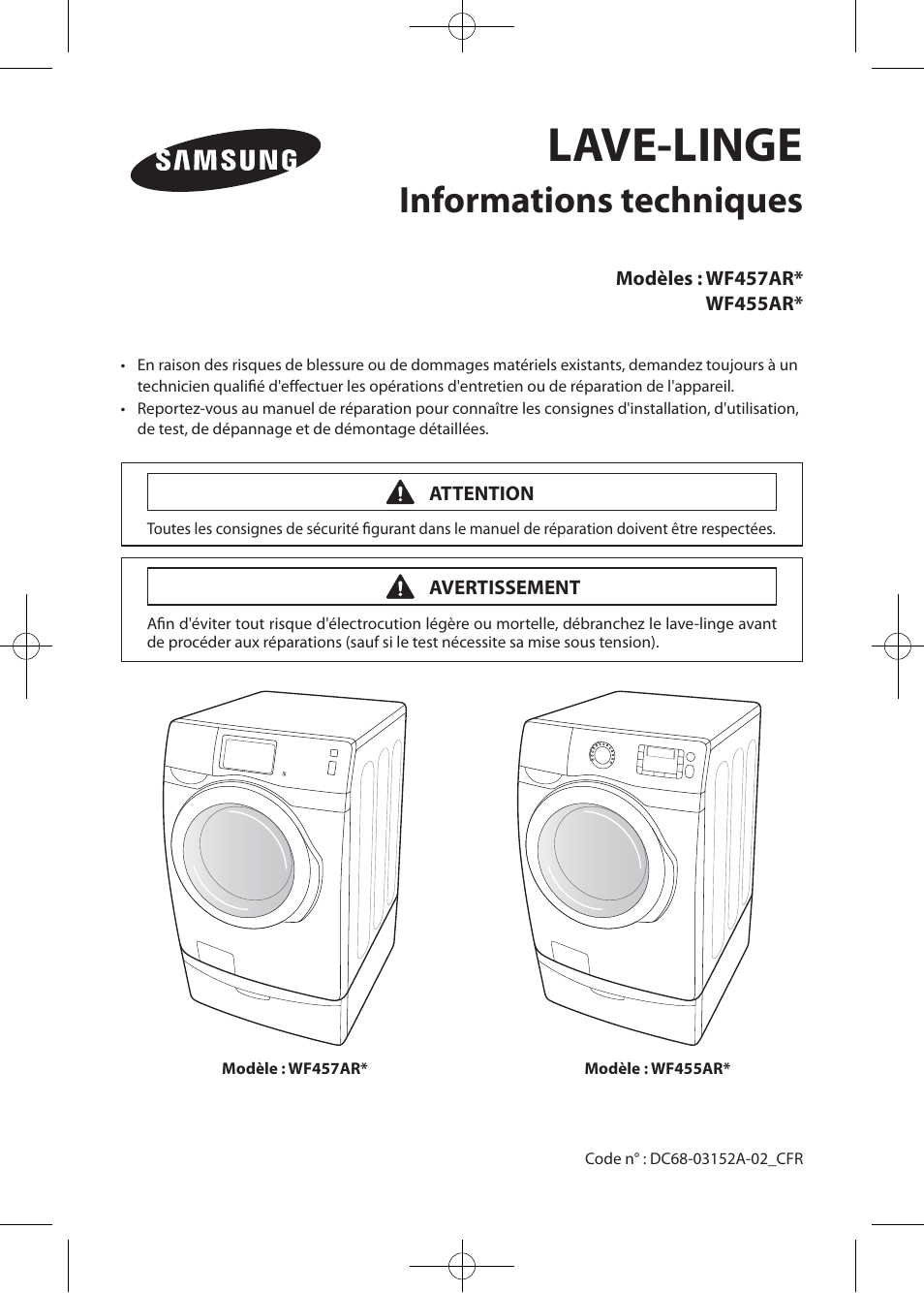 Techsheet)wf457ar-03152a-02_cfr.pdf, Lave-linge, Informations techniques | Samsung WF457ARGSWR-AA User Manual | Page 57 / 84