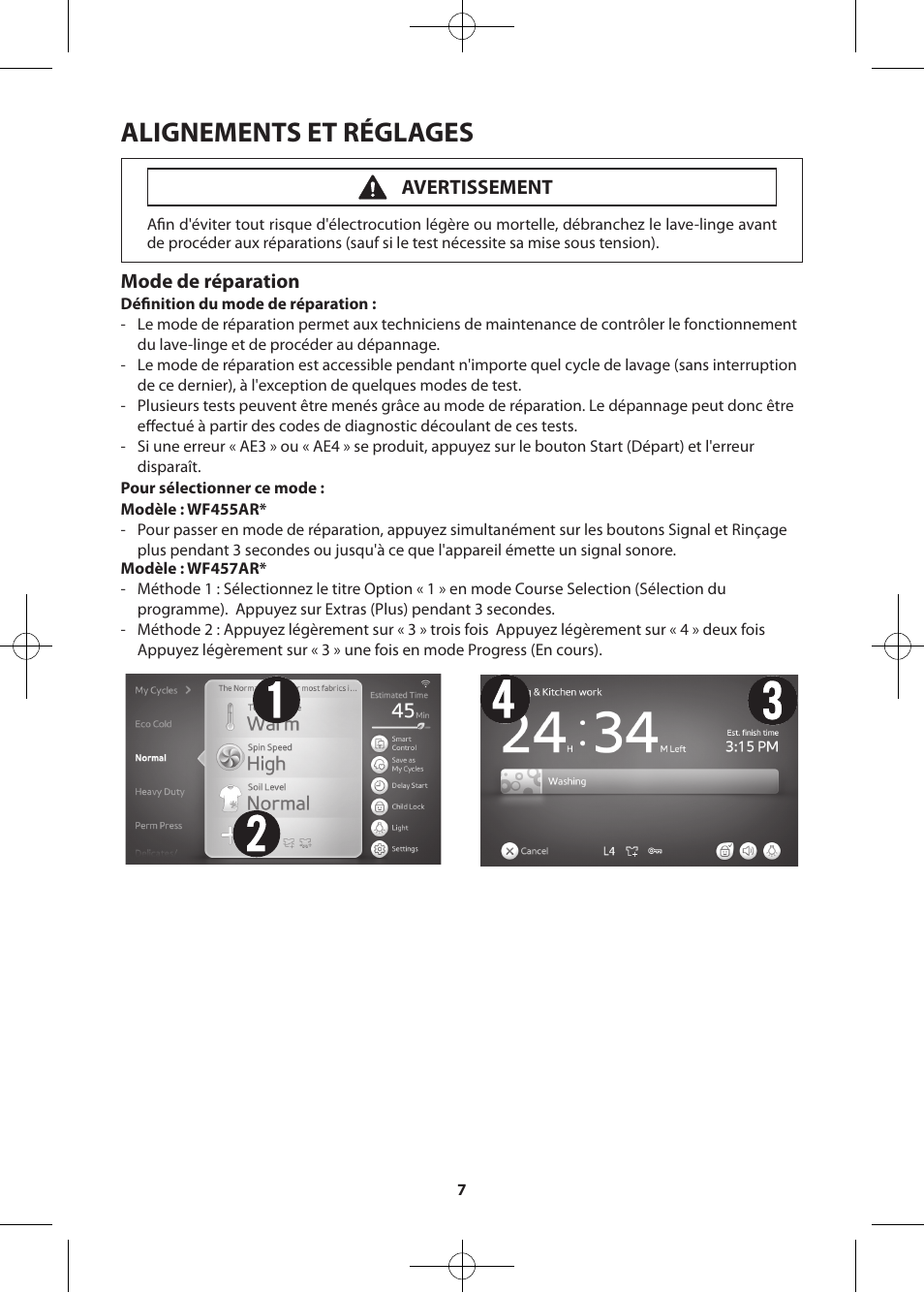 Alignements et réglages, Mode de réparation, Avertissement | Samsung WF457ARGSWR-AA User Manual | Page 63 / 84