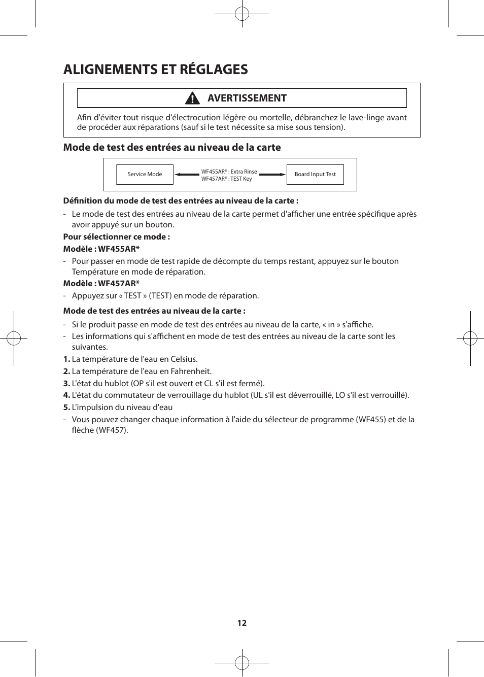 Alignements et réglages, Mode de test des entrées au niveau de la carte, Avertissement | Samsung WF457ARGSWR-AA User Manual | Page 68 / 84