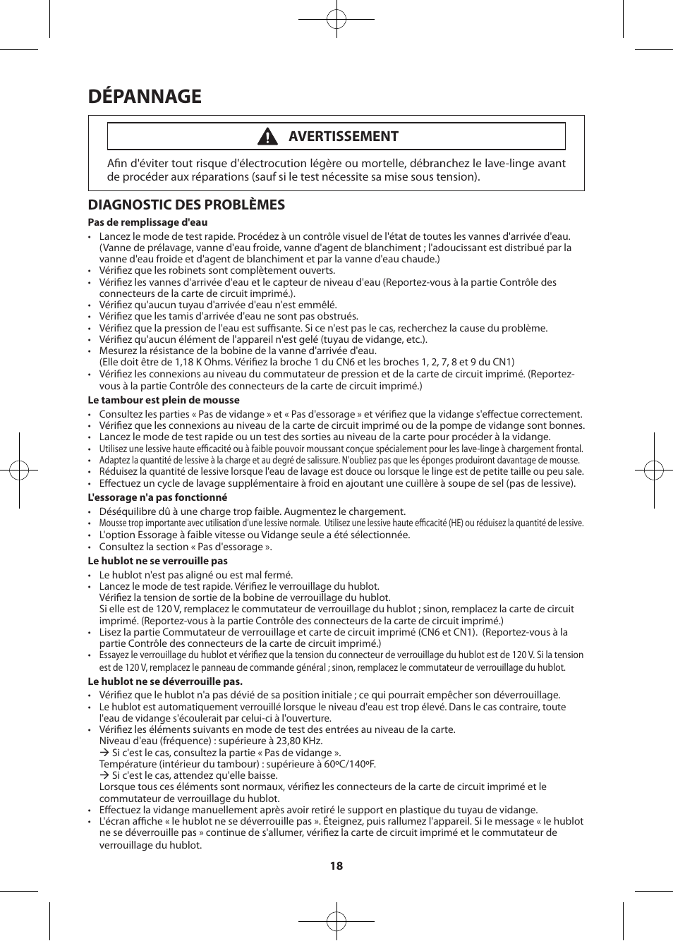 Dépannage, Diagnostic des problèmes, Avertissement | Samsung WF457ARGSWR-AA User Manual | Page 74 / 84