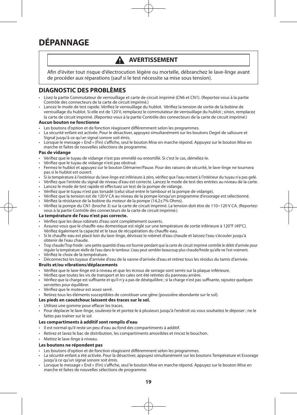 Dépannage, Diagnostic des problèmes, Avertissement | Samsung WF457ARGSWR-AA User Manual | Page 75 / 84