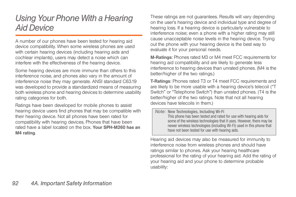 Using your phone with a hearing aid device, Using your phone with a hearing aid device . 92 | Samsung SPH-M260ZKABST User Manual | Page 102 / 121