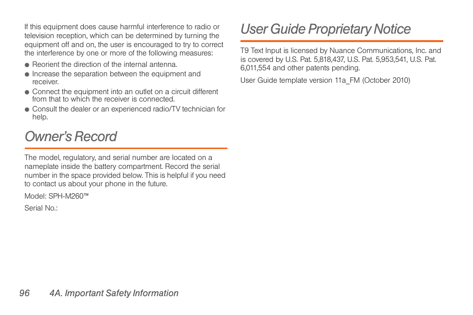 Owner’s record, User guide proprietary notice | Samsung SPH-M260ZKABST User Manual | Page 106 / 121