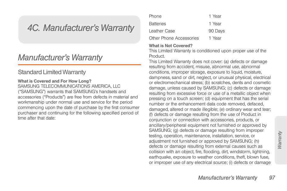4c. manufacturer’s warranty, Manufacturer’s warranty, Standard limited warranty | Samsung SPH-M260ZKABST User Manual | Page 107 / 121